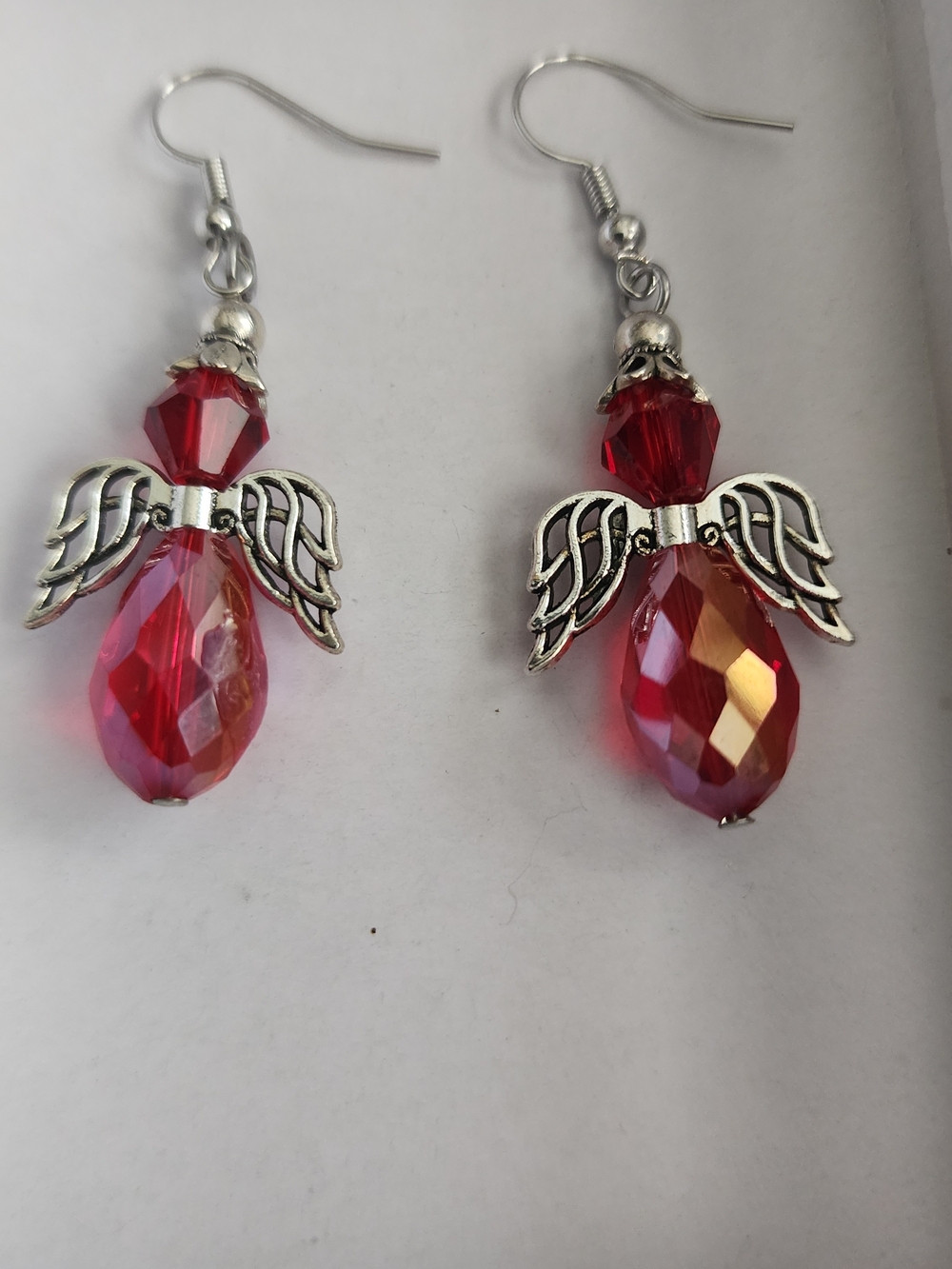 Handcrafted Red Fasetted Glass Angel Wing Drop Earrings